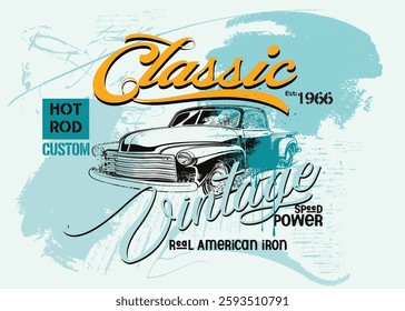 illustration of car historic classic, Urban typography hipster street art, abstract car grunge vintage,t shirt graphics print typography, vector grunge art graffiti style. Vintage Classic car T-shirt 