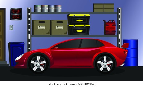 An illustration of a car inside a garage