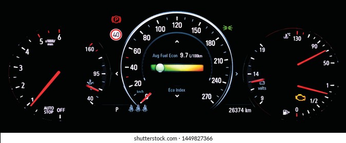 Illustration of car instrument panel with speedometer tachometer, odometer, car's temperature gauge, check engine warning light control. Average fuel economy consumption display on car dashboard panel