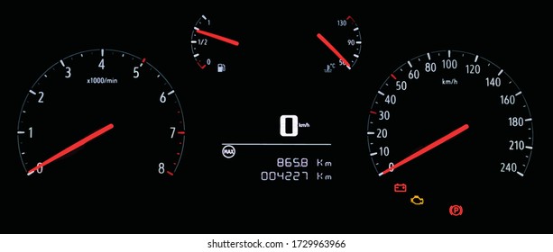 Illustration of car instrument panel with speedometer, tachometer, odometer, fuel gauge, water temperature gauge, check engine and battery warning icon. Analog instrument cluster with digital display.