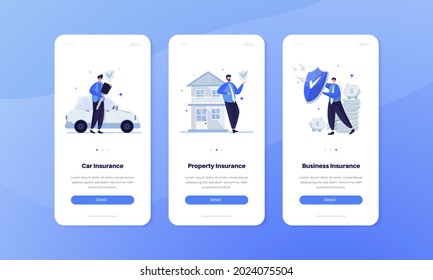 Illustration of car insurance, property insurance and business insurance on user interface screen concept