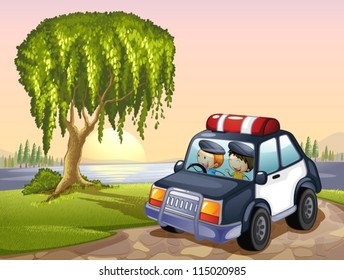 illustration of car and kids around tree in a nature