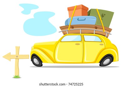 illustration of car loaded with luggage going for trip
