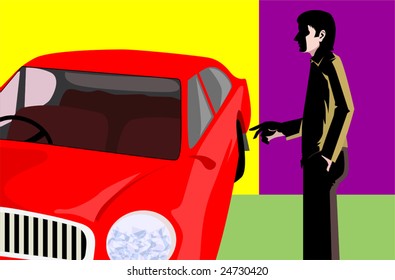 Illustration of Car and man in colour	