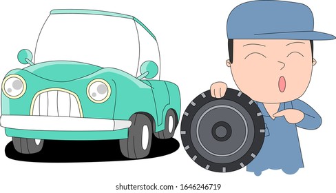 Illustration of a car mechanic checking tires