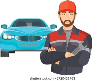 Eine Illustration eines Kfz-Mechanikers bei der Arbeit, der einen Fachmann vertritt, der Fahrzeugprobleme diagnostiziert, Reparaturen durchführt und routinemäßige Wartungsarbeiten an mechanischen und elektronischen Automobilsystemen durchführt.