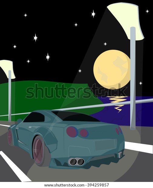 Illustration car\
in the middle of road bridge night\
