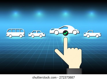 Illustration of car model and hand on dark background.