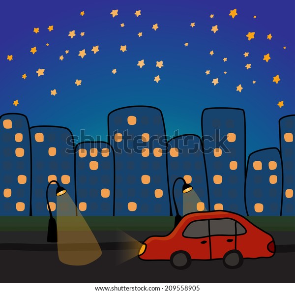 Illustration of the\
car in the night city in a cartoon style. Night street in a\
residential area. Riding at night car in cartoon style. The stars\
in the sky over the city at\
night.