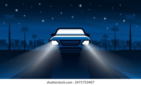 Illustration of car on palm street cityscape background at night with stars full of blue shades