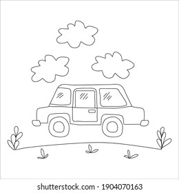 illustration of car on the road, doodle concept, good for coloring book.