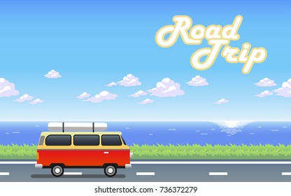 Illustration car on the road near the sea