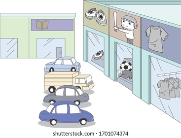Illustration of a car parked in front of various shops.
