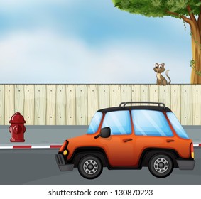 Illustration of a car at the road and a cat above the fence