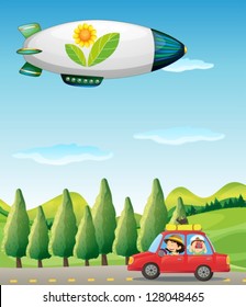 Illustration of a car in the road and a spaceship