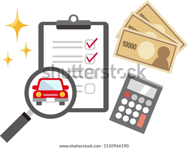 Illustration of car sales assessment.Magnifying\
glass. Car illustration. Car assessment . Binder .\
Clipboard .\
calculator .\
money