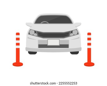 An illustration of a car seen from the front with a soft cone (orange pole).