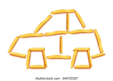 illustration of car silhouette maded from french fries on white