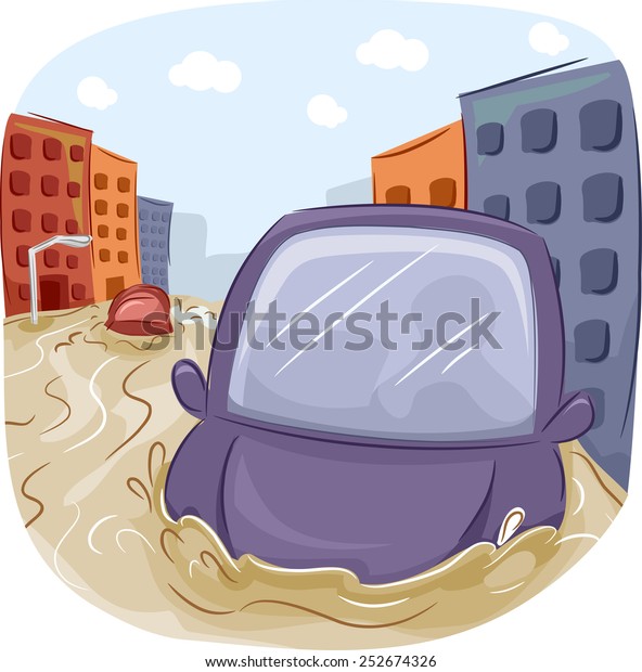 Illustration of a Car\
Stranded in a Flooded\
City