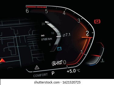 Illustration of car tachometer displaying almost 2000 RPM. Modern digital vehicle dashboard with average fuel consumption and temperature gauge. Luxury business car cluster with rev counter at night.