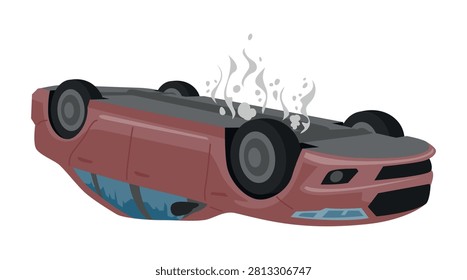 An illustration of a car that has flipped over on its side on the road. Smoke is coming from the car, indicating damage. The aftermath of a traffic accident.