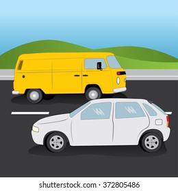 Illustration of car and van vehicles in a two-way road. Ideal for catalogs, informational and institutional material