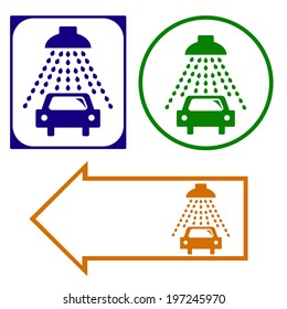 Illustration of car wash. Image of machine under the water drops. Sign, pointer. Vector illustration. Abstract pattern