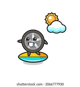 Illustration of car wheel cartoon do surfing on the beach , cute style design for t shirt, sticker, logo element