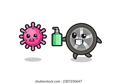 illustration of car wheel character chasing evil virus with hand sanitizer , cute style design for t shirt, sticker, logo element