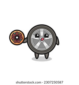 illustration of an car wheel character eating a doughnut , cute style design for t shirt, sticker, logo element