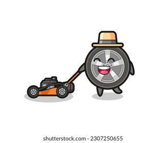 illustration of the car wheel character using lawn mower , cute style design for t shirt, sticker, logo element