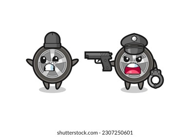 illustration of car wheel robber with hands up pose caught by police , cute style design for t shirt, sticker, logo element