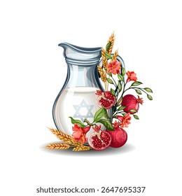 Illustration of a carafe of milk and a branch of blossoming pomegranate. The illustration is drawn by hand. Handmade. Vector