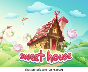 Illustration Caramel Candy Gingerbread House with the words sweet 