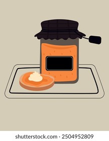 Ilustración con caramelo en mermelada y pan, crema de vainilla