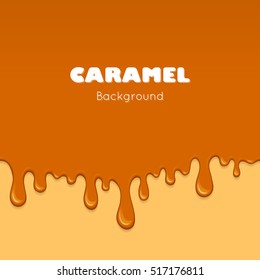 Illustration of caramel sweet drips and flowing. Splash, drops and flow melted candy, brown sugar syrup or honey. Abstract vector banner isolated on yellow background.