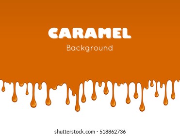 Illustration of caramel sweet drips and flowing. Splash, drops and flow melted candy, brown sugar syrup or honey. Abstract vector banner isolated on white background.