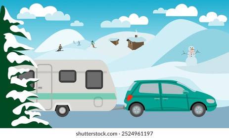 Ilustração de uma caravana em frente a uma paisagem de montanha na neve