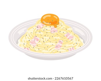 An illustration of carbonara pasta served on a plate.