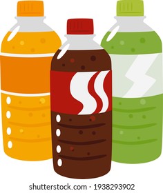 Illustration of carbonated drinks. Plastic bottles of cola and orange-flavored soda.