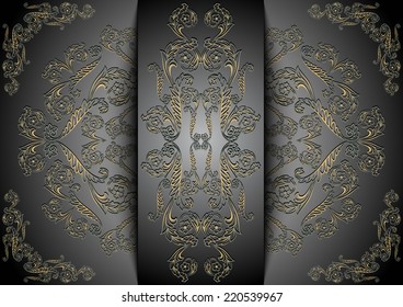 Illustration of card with banner, abstract golden ornament and grey background 