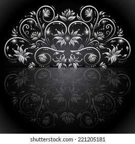 Illustration of card with banner, floral silver ornament and grunge texture 
