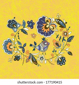 illustration card with a bird, leaves and flowers. 