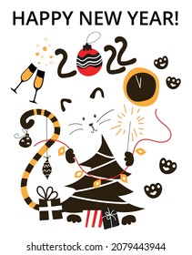Illustration card for celebrating New Year with tiger and tree ob white background isolated