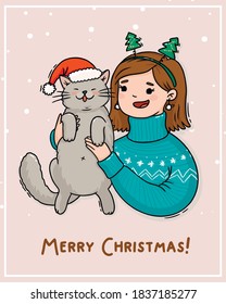 Illustration card christmas girl with cat in santa hat