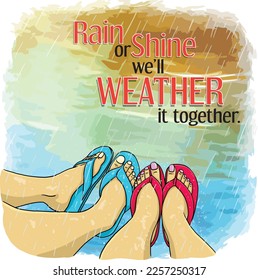 Illustration card design for Romance, Love or Valentine's day. A couple sitting by the waters in the drizzles. Their feet are in focus of them weathering the rain together.