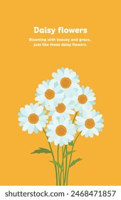 Illustration card design with white and yellow daisy flowers blooming in spring. Hand drawn illustration of a daisy in full bloom on a blue background.