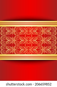 Illustration of card with floral golden ornament  and banners 