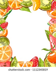 Illustration, card, frame. Green fruit frame with leaves and kiwi, orange, mandarin, watermelon, strawberries on white background