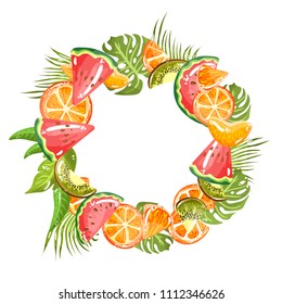 Illustration, card, frame. Green fruit wreath with leaves and kiwi, orange, tangerine, watermelon on white background